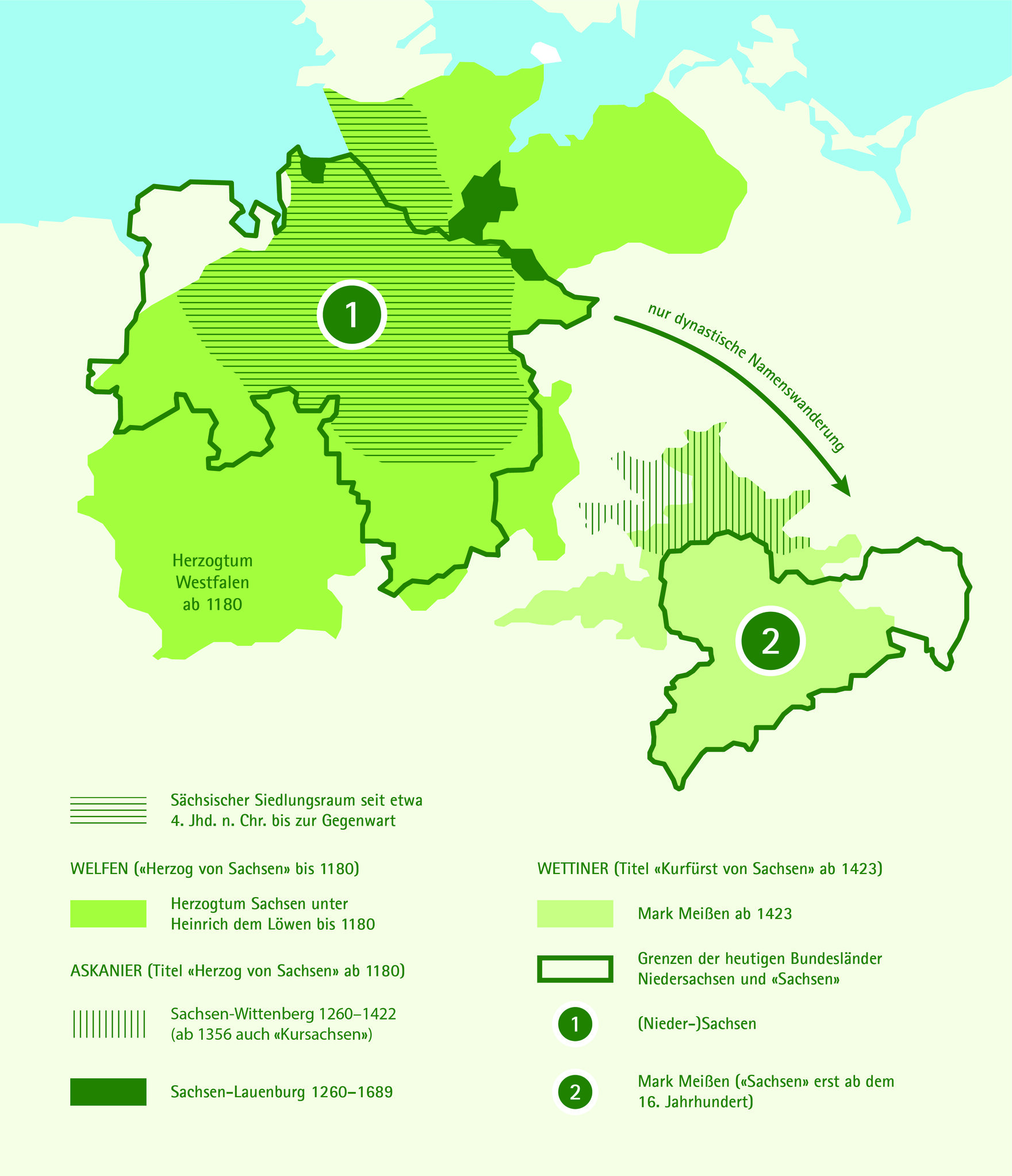 Historische Karte von Sachsen zur Besiedelung und Namensgebung der Mark Meißen