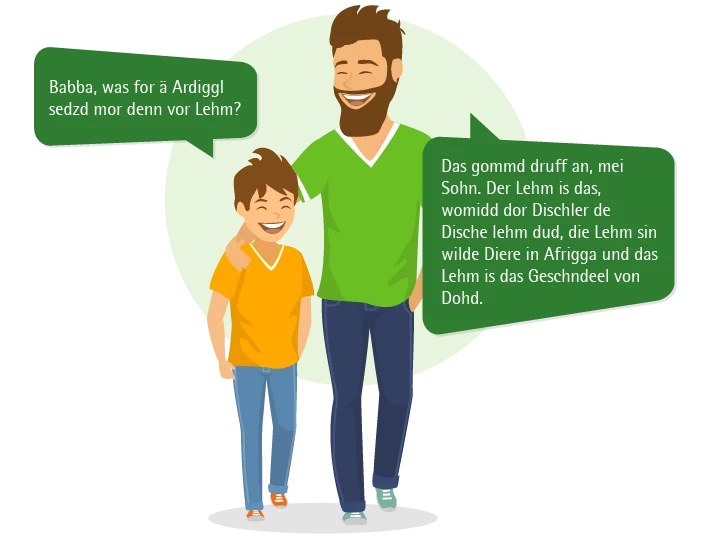 Sohn: »Babba, was for ä Ardiggl sedzd mor denn vor Lehm?« Vater: »Das gommd druff an, mei Sohn. Der Lehm is das, womidd dor Dischler de Dische lehm dud, die Lehm sin wilde Diere in Afrigga und das Lehm is das Geschndeel von Dohd.«